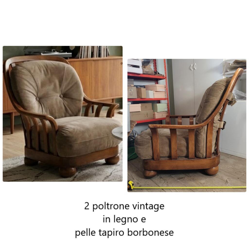 Coppia di poltrone vintage in legno e pelle tapiro borbonese