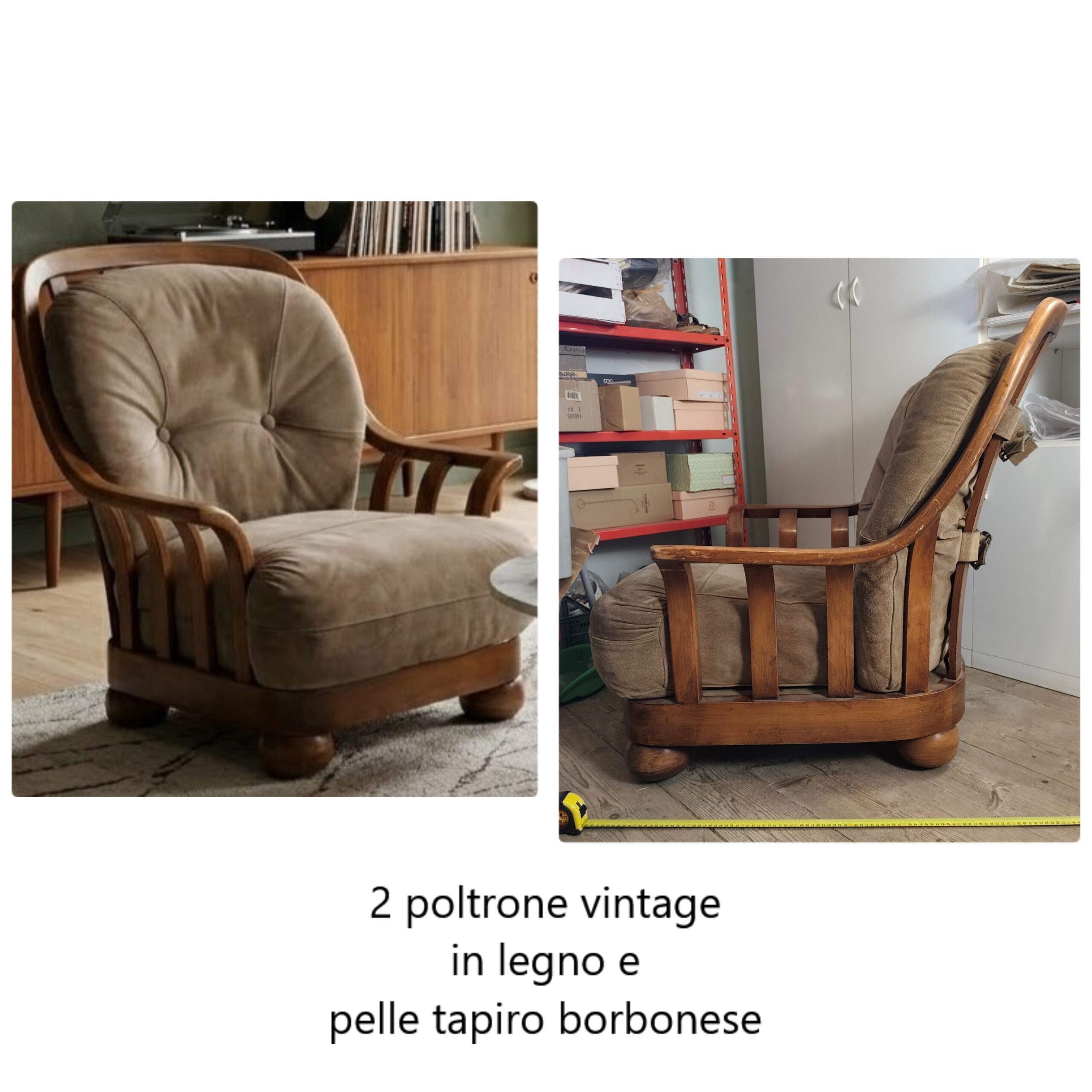 Coppia di poltrone vintage in legno e pelle tapiro borbonese