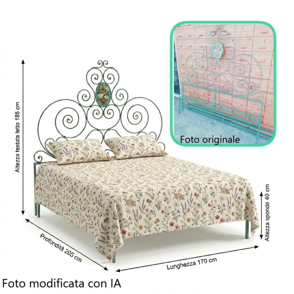 Letto matrimoniale in ferro battuto verde acqua con medaglione centrale