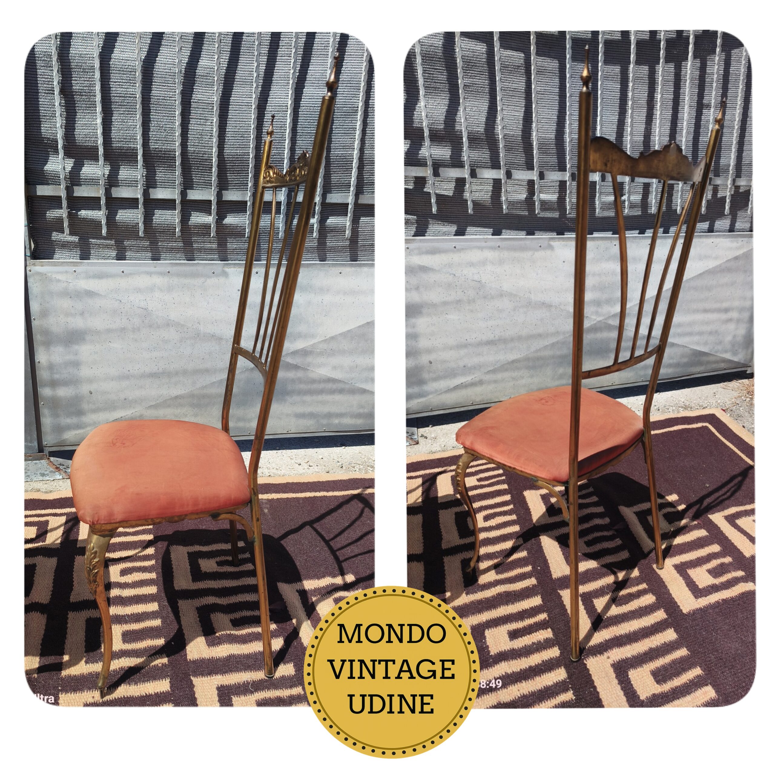 Coppia di sedie vintage d'epoca, in ottone e velluto